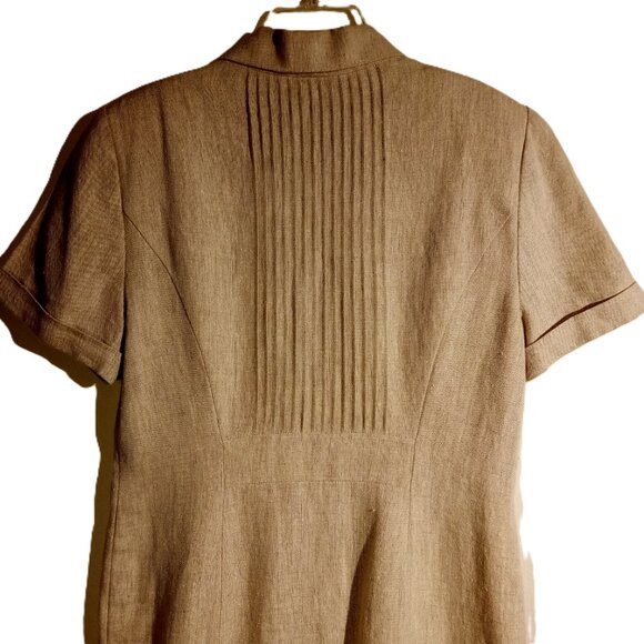 Women's LINEN Dress sz 10 Tan Button-front Short-sleeve Vintage 90's MIDI - Picture 9 of 12